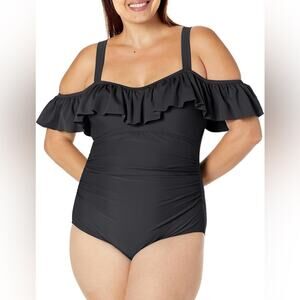 Avenue‎ 26W Jungle Paradise 1Pc Ruffle 4X Black One Piece Swimsuit NEW!